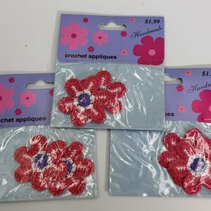 3 Pk (6) Handmade Crochet Flower Appliques Pink Purple White Sew On Patches